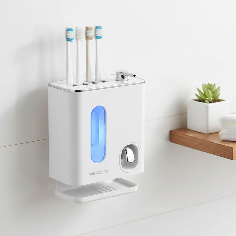 White UV toothbrush sanitizer and organizer with multiple toothbrushes and toothpaste holder on clean white background